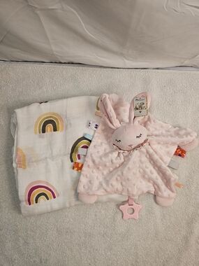 Pink Bunny Lovey Toy with Rainbow Muslin Swaddle New